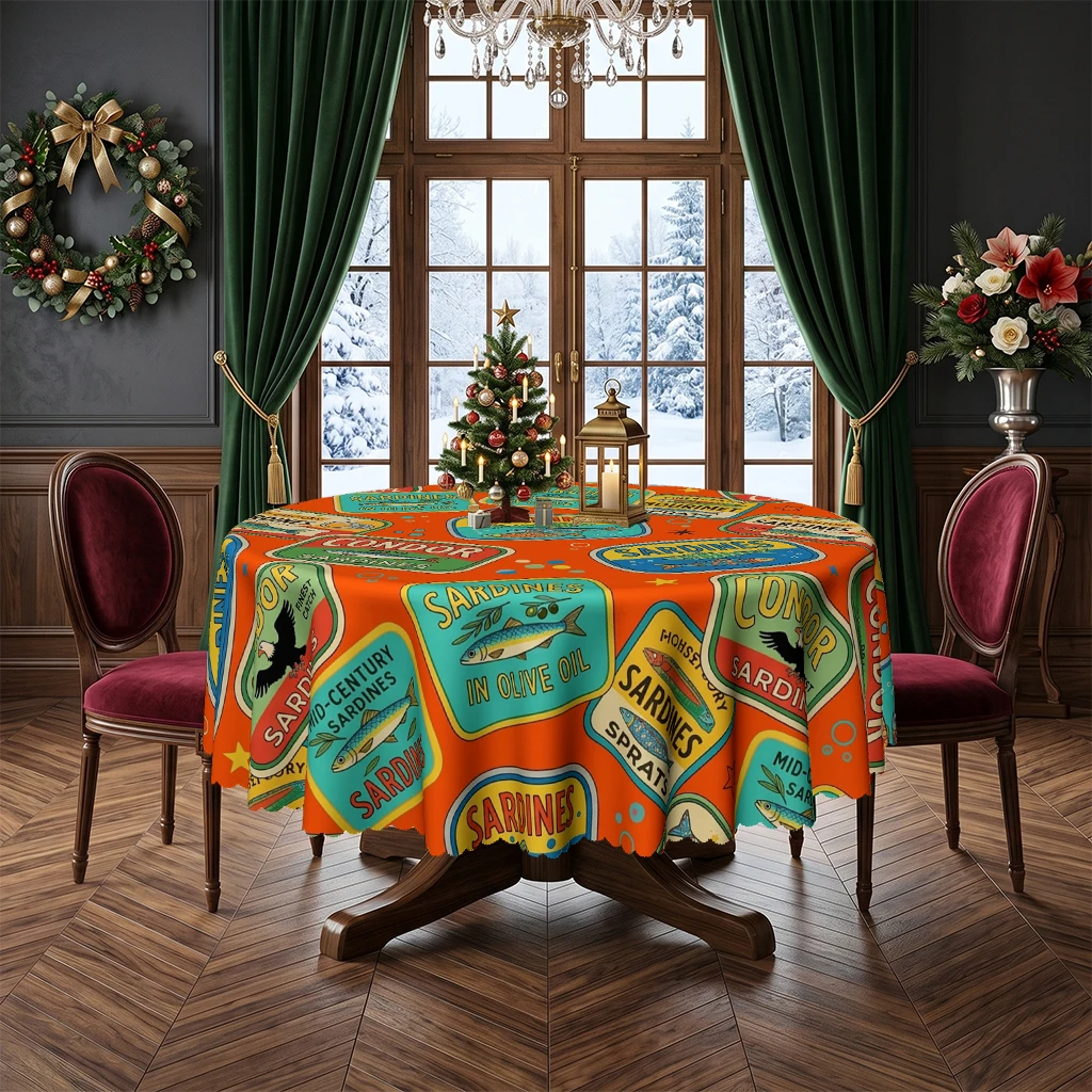 Vintage Seafood Sardine Cans Pattern Round Tablecloth, Fun Retro Food Art Table Cover for Round Dining Table Holiday Party Decor, Durable Washable Kitchen Dinner Party Table Cloth