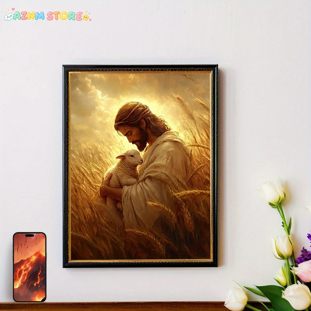2027,1pc Frameless Jesus with Lamb in Golden Wheat Field Canvas Print - Large 12x16 Inch (30x40cm) Serene Religious Wall Art,