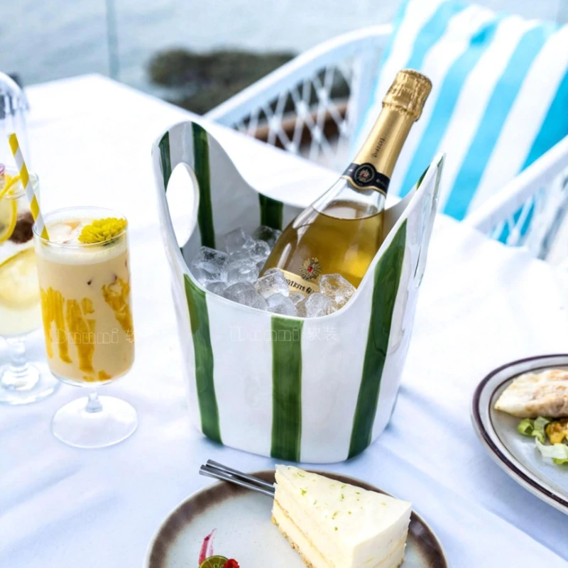 French Ceramic Ice Bucket Wine Cooler Stripe Picnic Beverage Organizer Outdoor Portable Bar Accessory Vase for Living Room