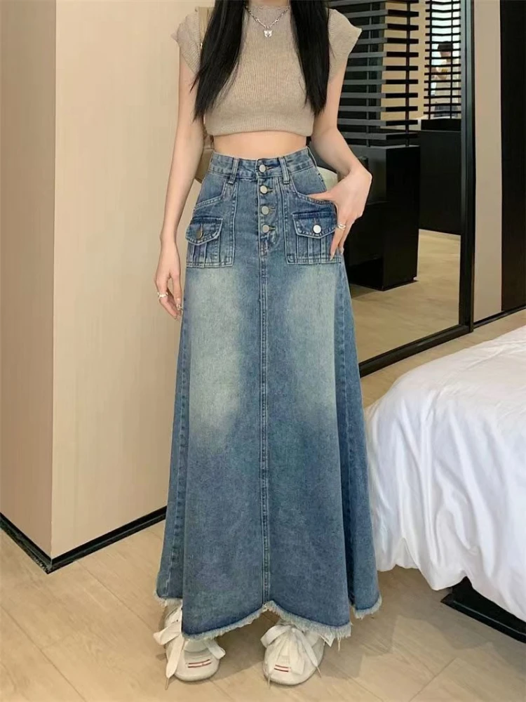 Women's 2026 Spring Mid Length Denim A Line Skirt Stylish Vintage High Waisted Sexy Hot Girl Bodycon Design