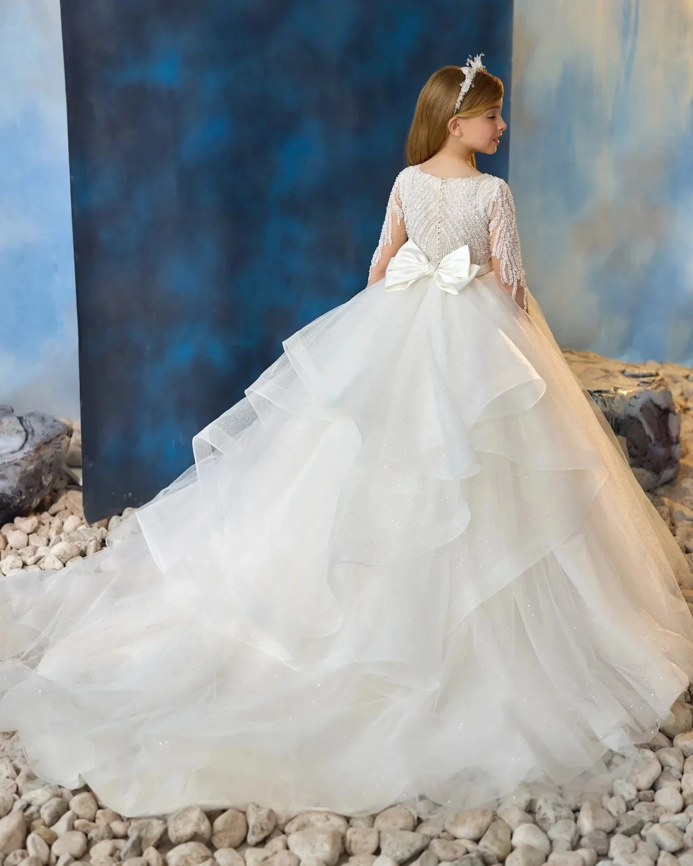 Princess Flower Girl Dress For Wedding Full Sleeve Beaded Bow Tulle Floor Lenght Kids Birthday Party First Communion Gown Custom