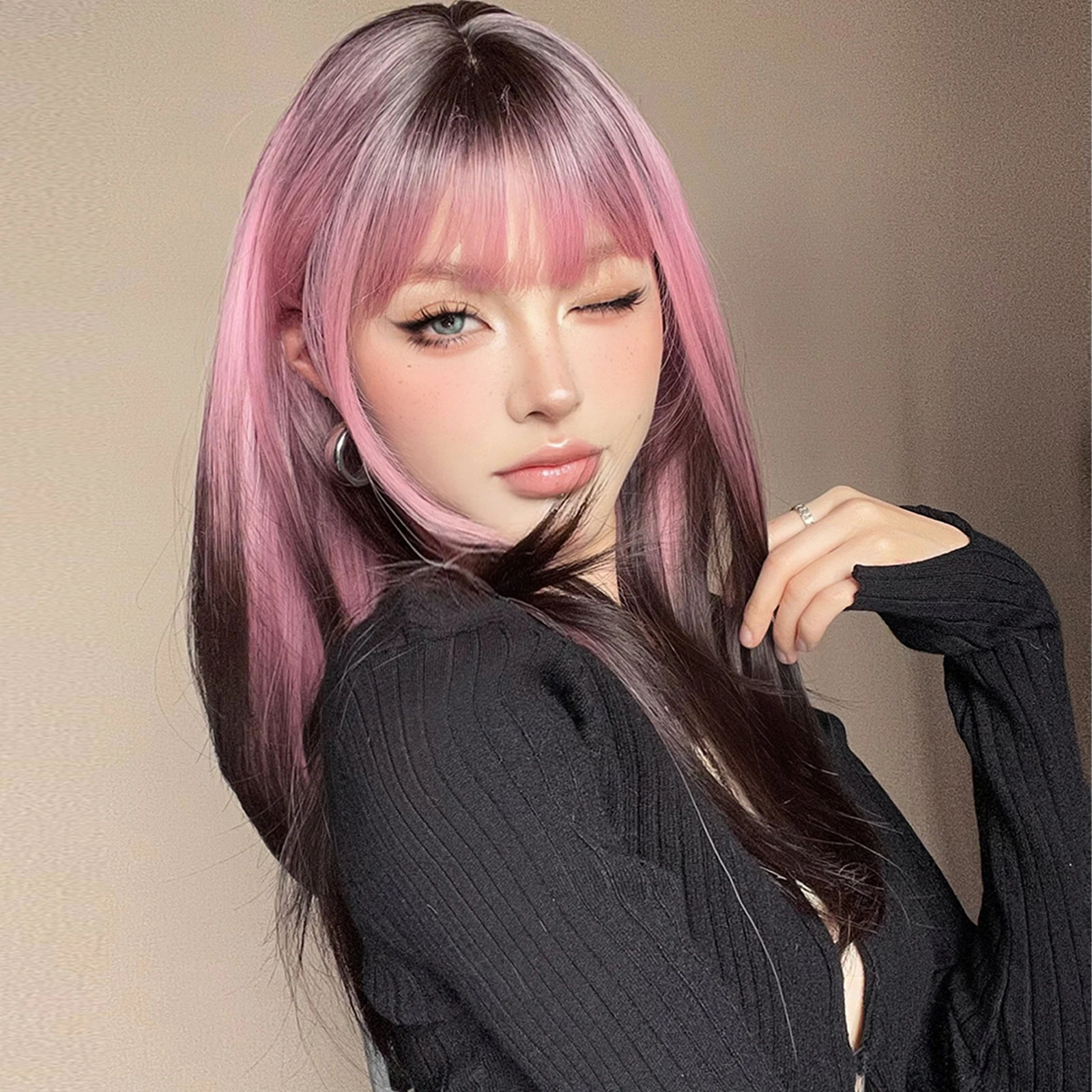 Long Straight Layered Wigs with Bangs Ombre Black to Pink Purple Synthetic Wig Cosplay Lolita Wig for Women Heat Resistant Fiber