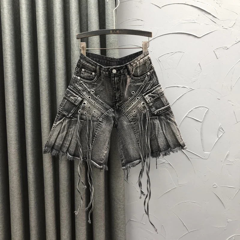 Women's Fashionable Personalized Fringed Pleated Middle Pants Summer New High-waisted Age-reducing  Five-point Jean