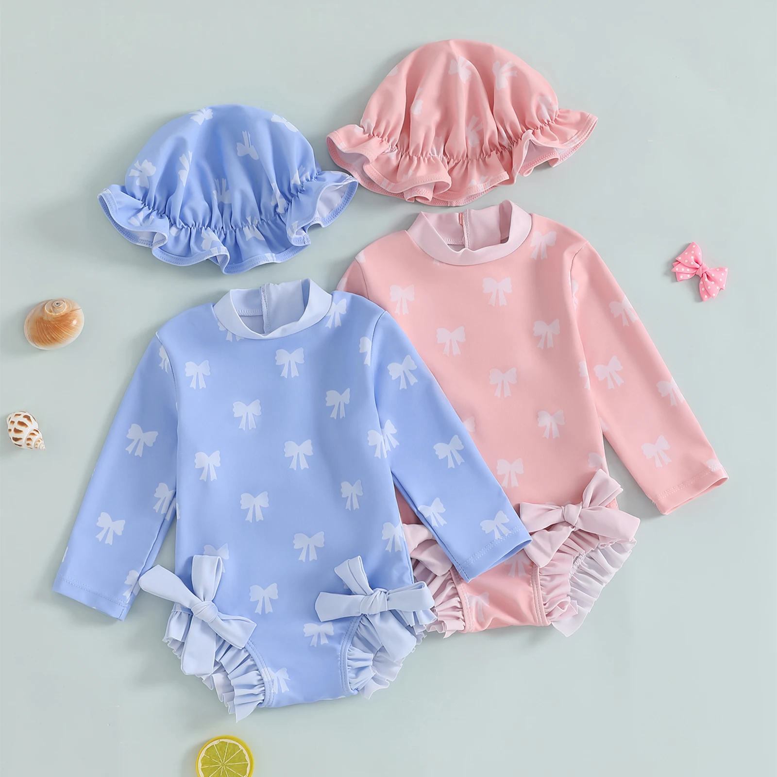 

Tregren Toddler Infant Baby Girl Rash Guard Swimsuit Long Sleeve Bow Print Bathing Suit Swimwear with Sun Hat Summer Beachwear
