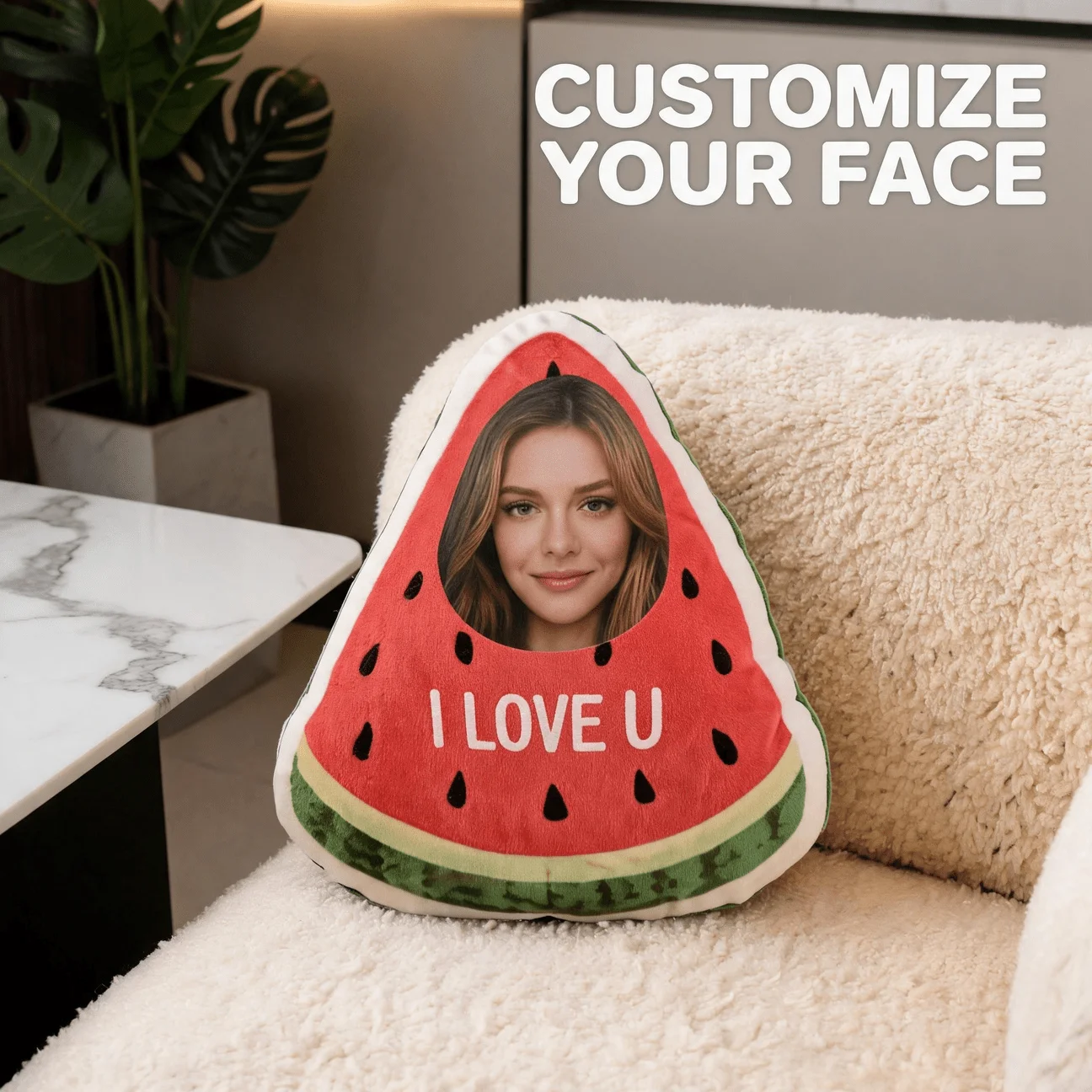 Custom Photo Watermelon Shaped Pillow, Personalized Face I Love U Design Decorative Cushion, Creative Gift for Girlfriend Wife P
