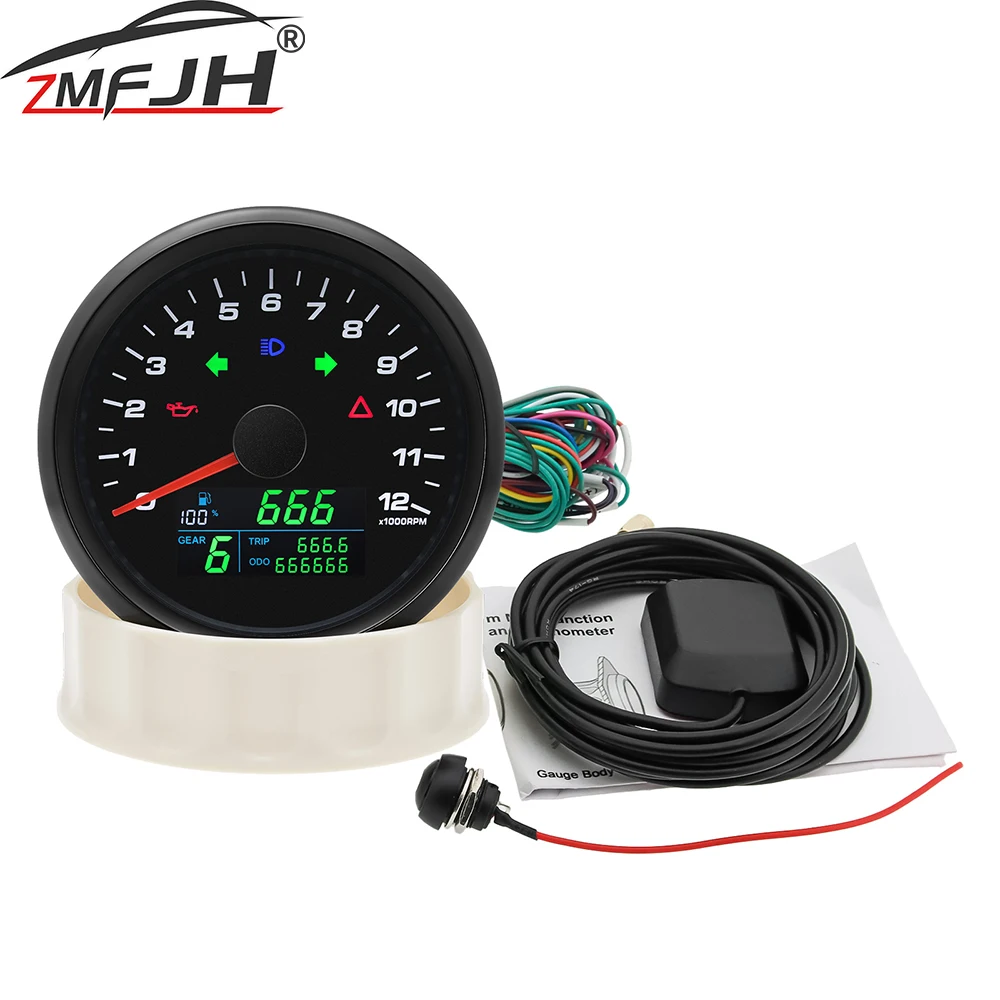 

85mm GPS Speedometer 12000RPM Tachometer Fuel Level Gauge Voltage Odometer With Gear For Marine Car Boat Yacht Speed Meter