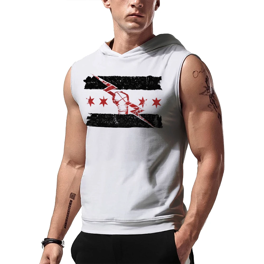 Men's White CM Punk Best In The World Ringer Hooded Tank Quick Drying Breathable Gym Tank Top Sports Casual Sleeveless Hoodie
