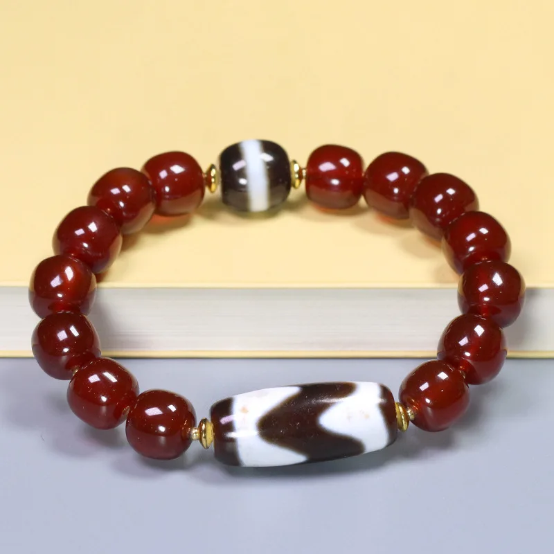 Sacred Ornaments of Tibet: Natural Agate Black and White Tiger Tooth Medicine Bead Old Sugar Ball Bracelet, approximately 29x12m