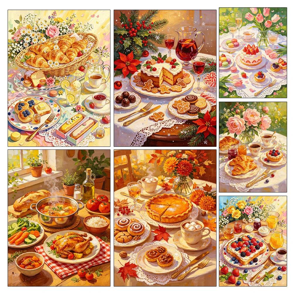5D Diamond Painting Holiday Feast Food Table Full Drill Diamond Mosaic Embroidery Home Wall Art Decor for Bedroom Living Room