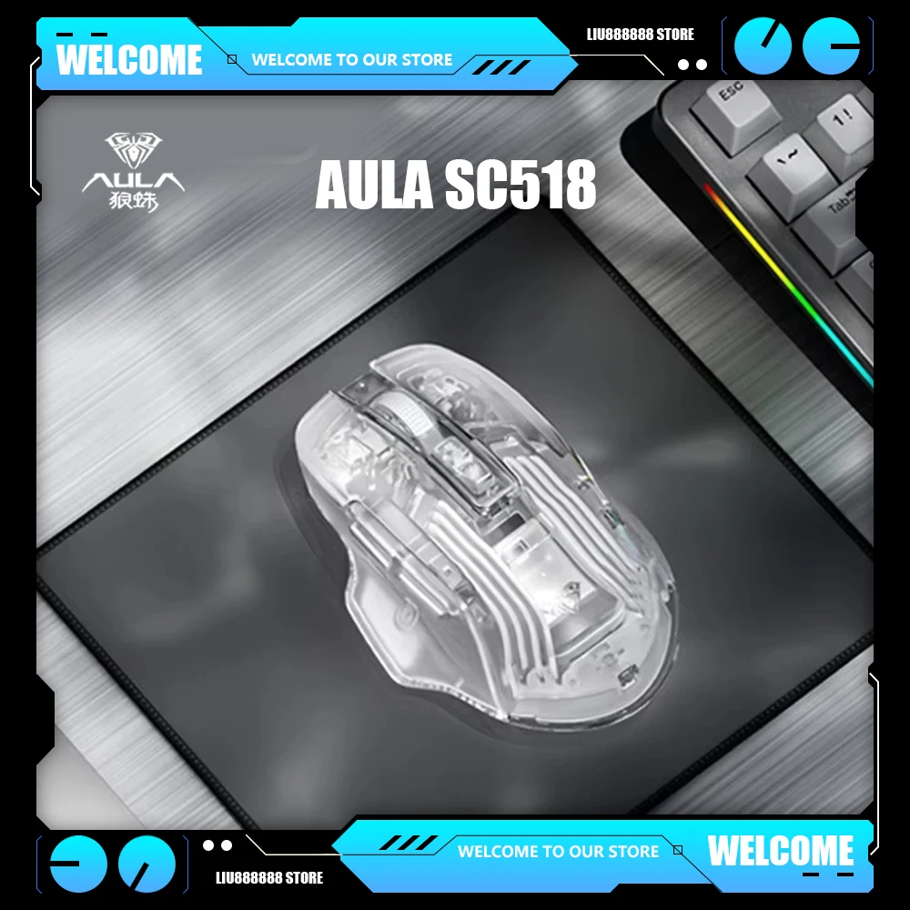 Aula SC518 Bluetooth Wireless Transparent Mouse 2 Mode Adjustable Rgb Backlit DPI Lightweight Gaming Esports Mouse PC Accessorie