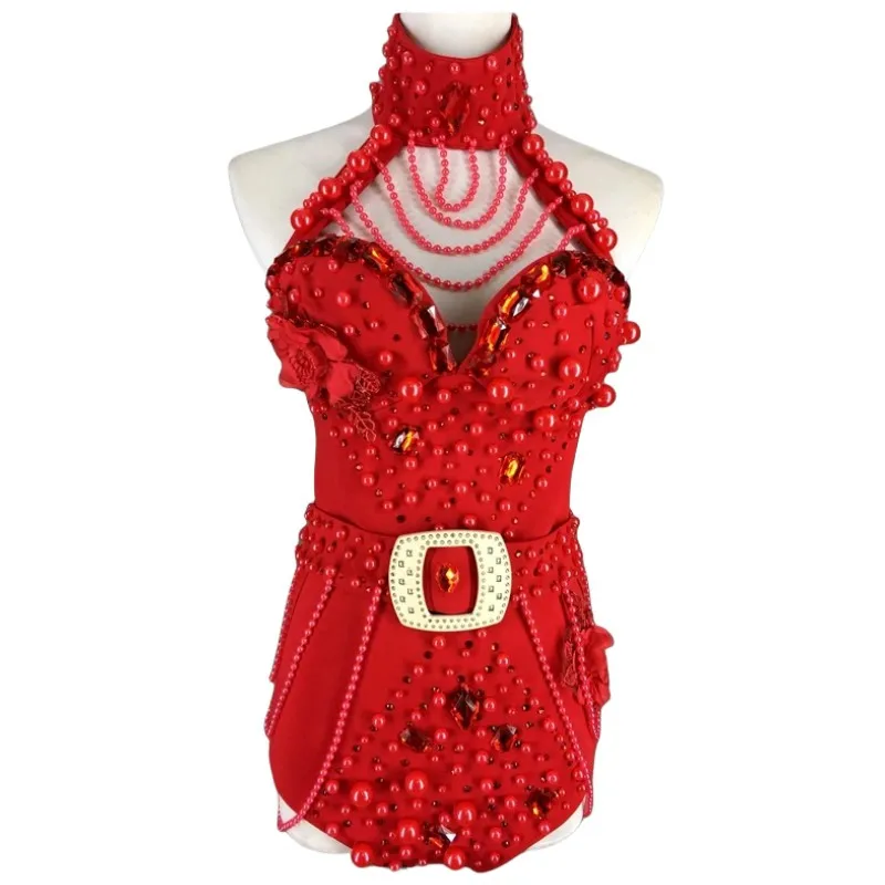 Red White Beading Bodysuit Sexy Bar Nightclub DJ Singer Stage Wear Women Jazz Dance Team Costume Dancer Performance Leotard