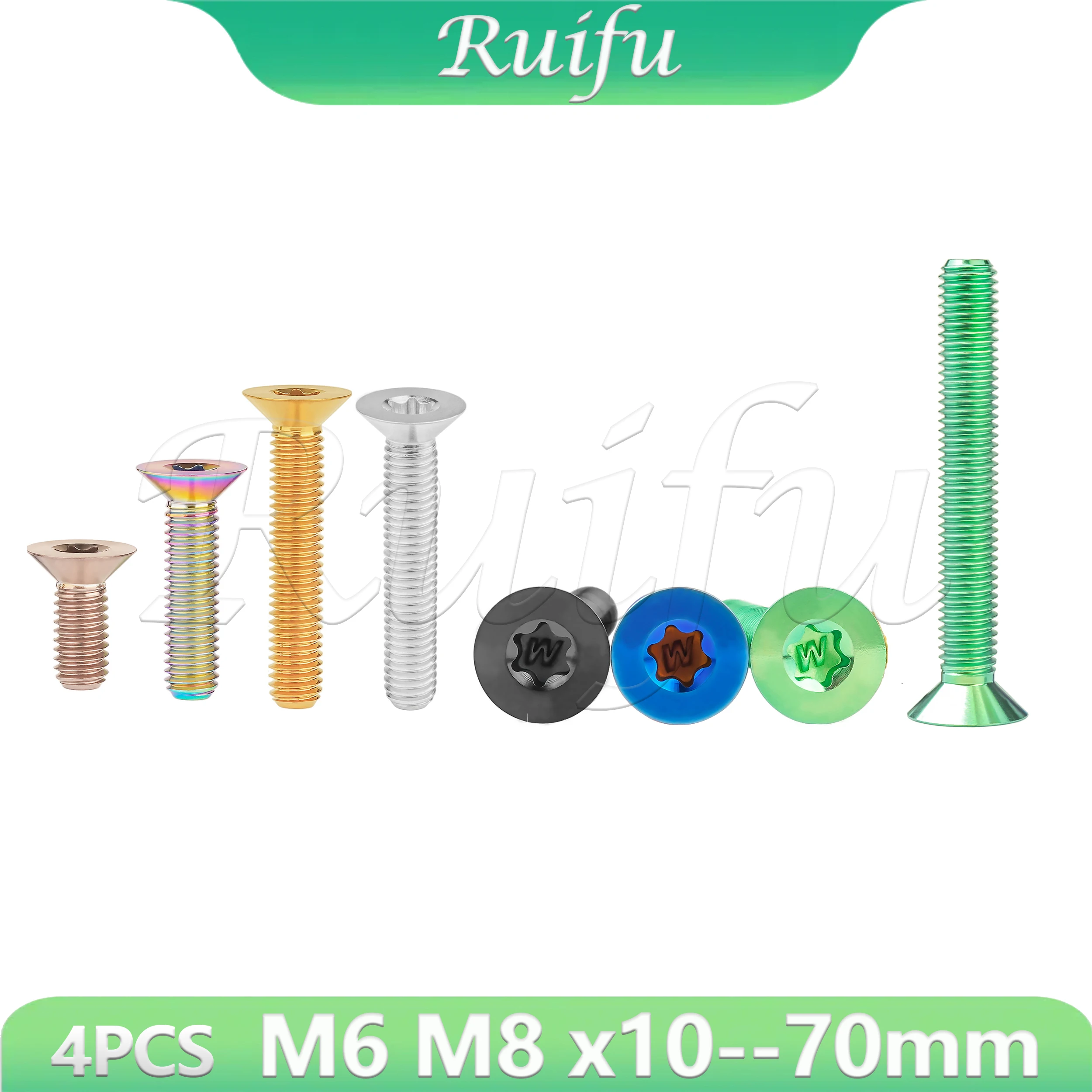 

Ruifu Titanium Bolt 4PCS M6/M8x10 12 15 20 25 30 35 40 45 50 55 60 65 70mm Countersunk Torx Head Screw Fasteners