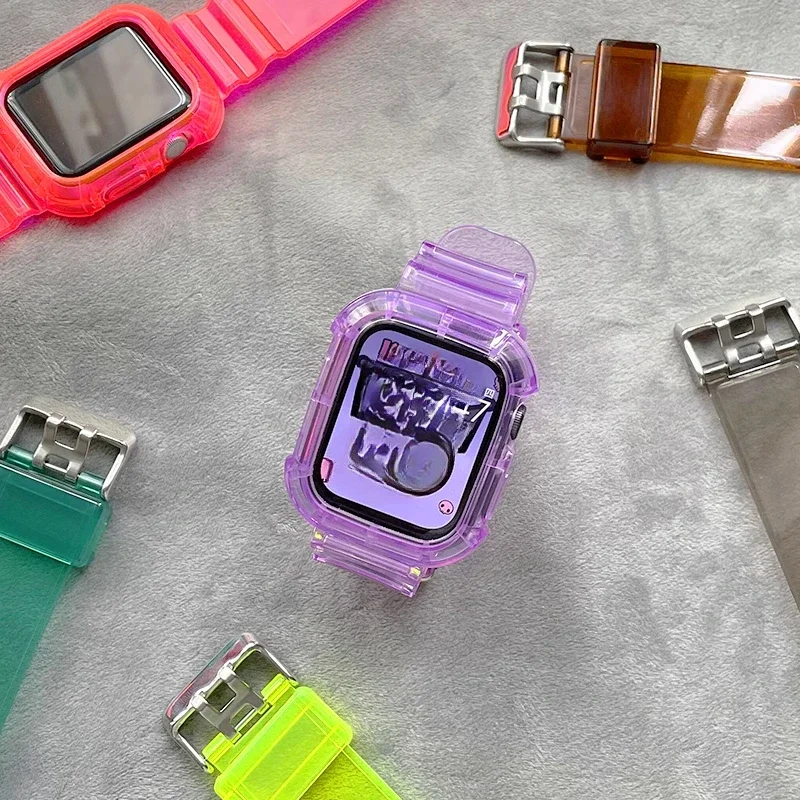 

Clear Band + Case for Apple Watch Series 9 8 7 6 SE 5 49mm 45mm 44mm 38mm 41mm Transparent for iwatch 10 46mm 42mm Plastic Strap