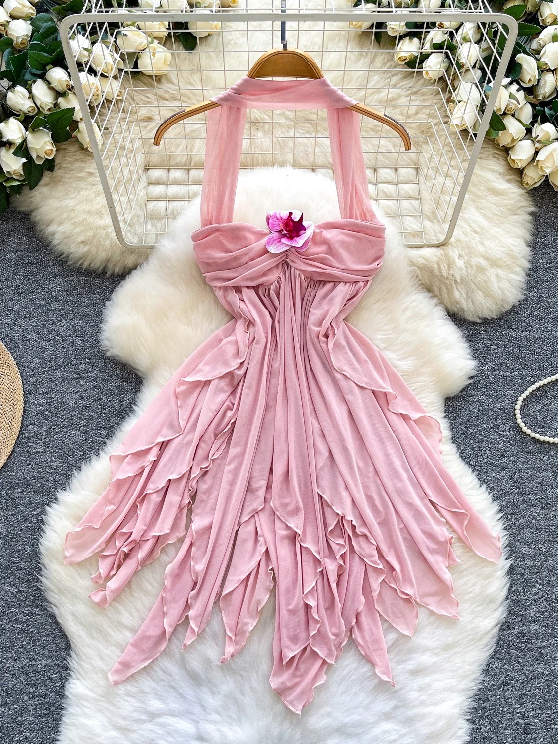 

Sexy Spicy Girl 3D Flower Hanging Ne Strap Waist in Netting ort Skirt Women Pure Desire Bal Summer High Waist Dr