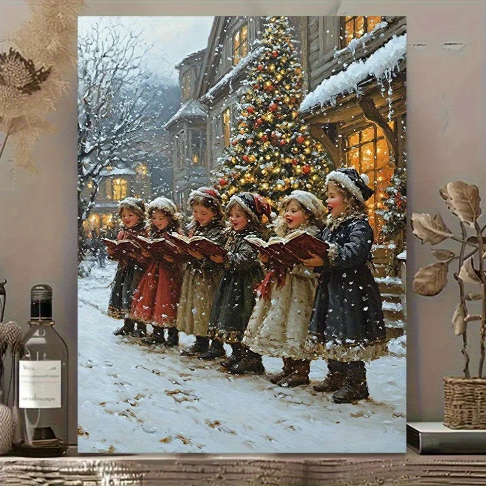 1pc Victorian Christmas Carolers Canvas with Wooden Frame - Victorian Singing Caroling Scene, Wrapped Canvas for I