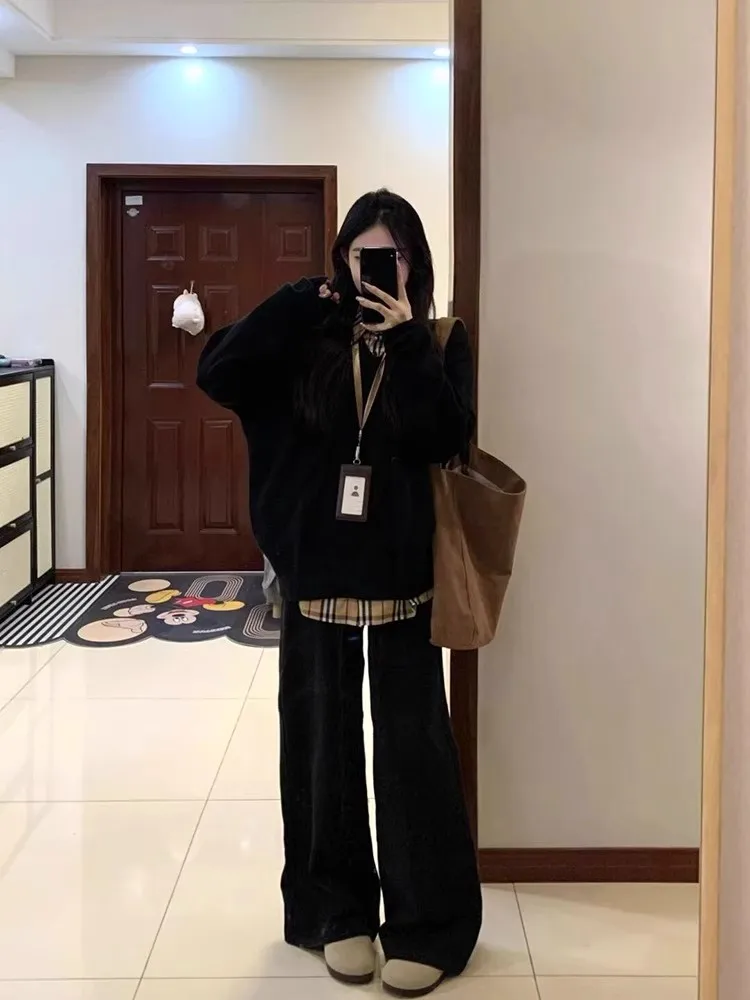 

Early Autumn Knitted Plaid Ne Fake Two-Piece Sweater Women's Design Faion College Sle Top Warm Long Sve Loose Fit