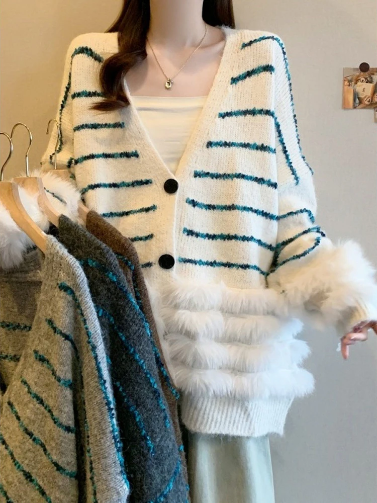 

Осень-зима, новое утолщенное модное пальто из искусственного меха, корейская версия, стильный вязаный кардиган с v-образным вырезом и вырезом на спине