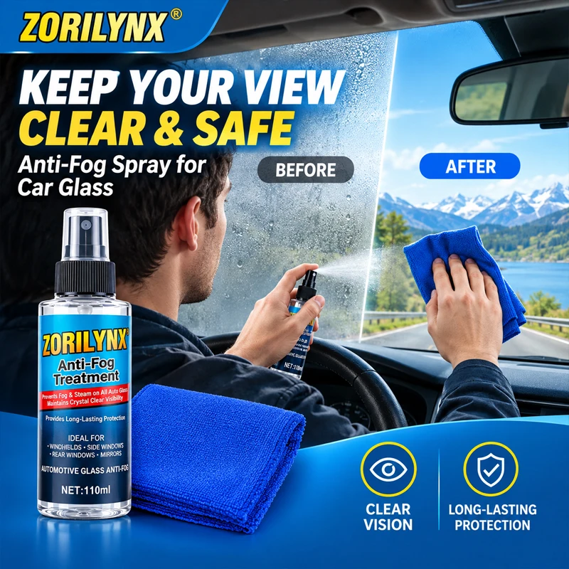 Car Windshield Anti Fog Treatment Spray with Cleaning Cloth Long Lasting Defogger Cleaner for Auto Window Mirror 110ml -ZORILYNX