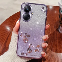 For OPPO Realme 10 Pro Plus Diamond Glitter Plating Phone Case Soft TPU Back Camera Protector Ultra Thin Gradient Floral Shell