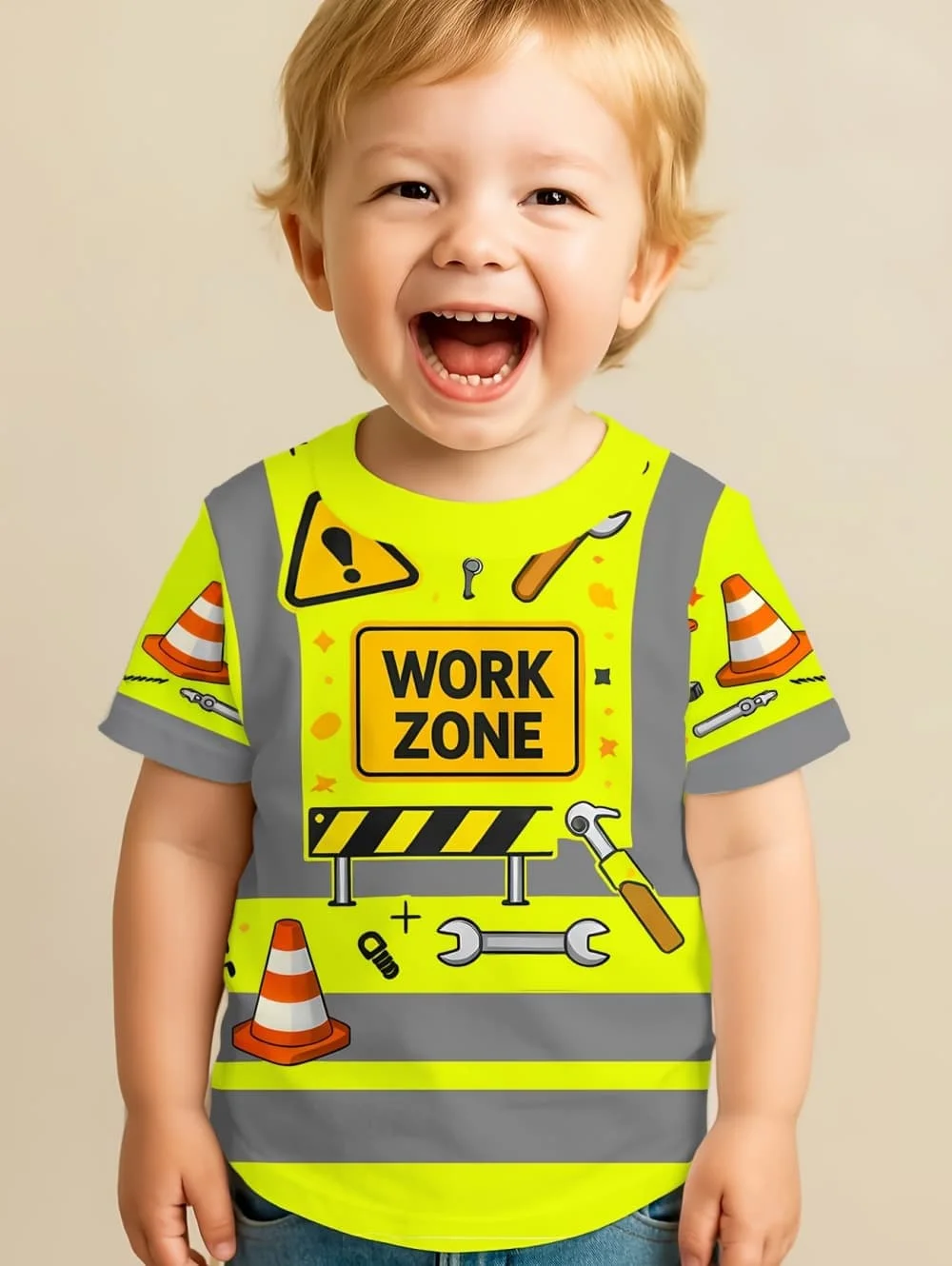 Summer Fashion 3D Print Children T-Shirt Work Zone Sign Tools Pattern Round Neck Tee for Kids Perfect Gift for Little Builders