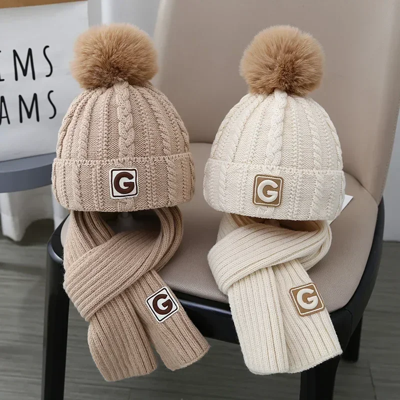 Fashion Sporty Beanie Scarf Set for Kids Boy Girl Chic Letter G Crochet Bonnet Scarf Set Autumn Winter Warm Knitted Hat Scarf