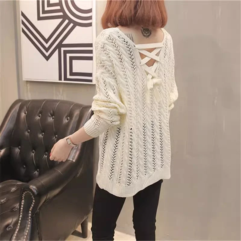 

Spring New Women Long-Sleeve Hollow Out Knitted Sweater Korean Loose Pullover V-Neck Thin Knitwear Jumper Ladies Tops Tide H3147