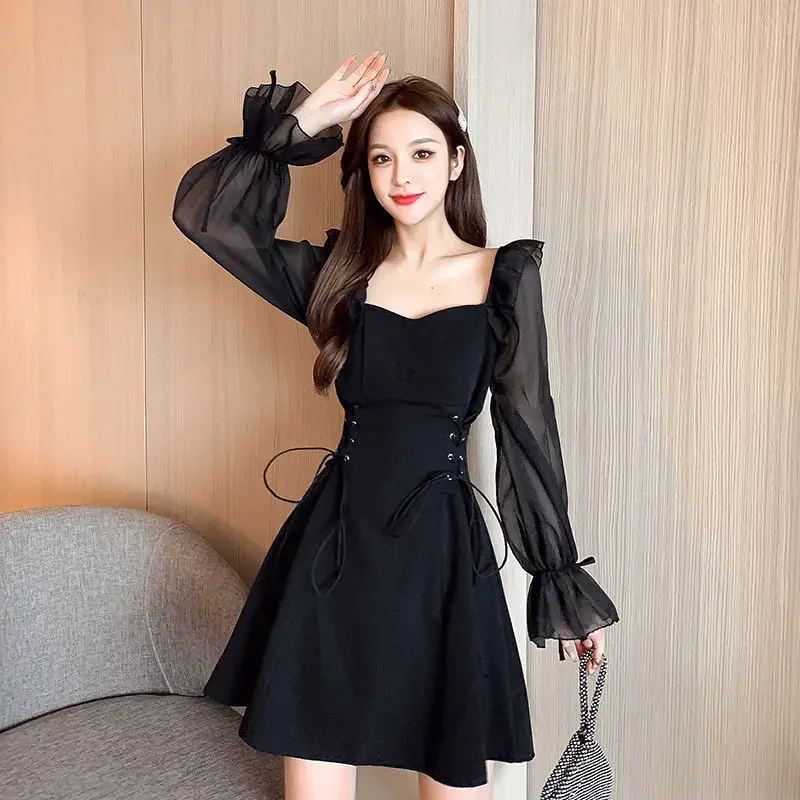 Woman Long Sleeve Dress Chiffon White Dresses for Women Black Sensual Sexy Clothing A Line Loose Trendy Kpop Curvy Elegant Chic