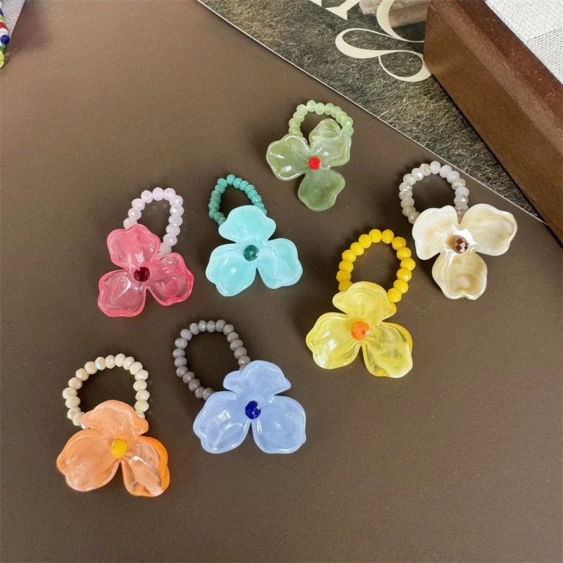 Violet Flower Acrylic Ring New Korean Style White Lily Index Finger Ring Elastic Beaded Unique Creativity Women Jewelry
