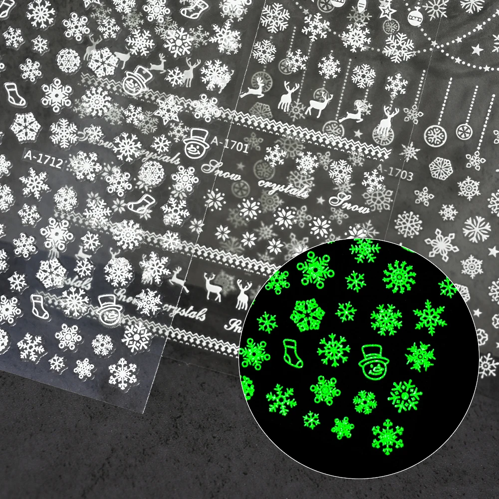 12 Stück leuchtende Weihnachts-Schneeflocken-Nagelaufkleber, Schneemann, Weihnachtsmann, leuchtet im Dunkeln, Schieber für Maniküre, Winter, Weihnachten, Nägel, Kunstdekoration