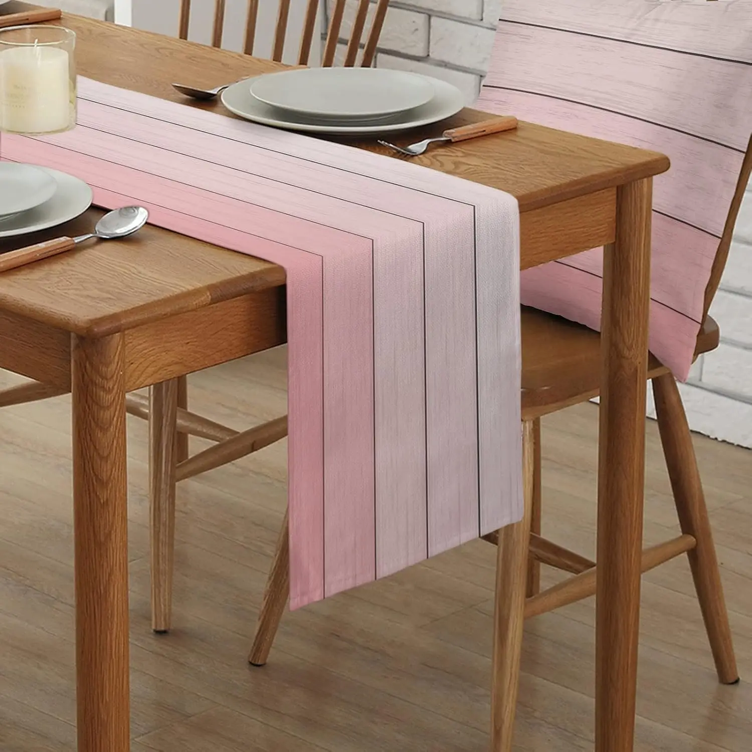 Ombre Blush Pink Farmhouse Retro Rustic Barn Wood Texture Table Runner, Non-Slip Party Kitchen Dining Table Decor