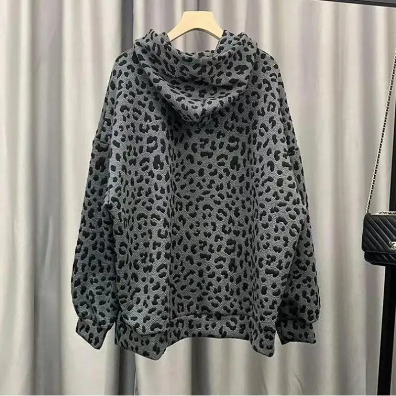 Euro-us Leopard Animal Pattern Women\'s Hoodie Street Fashion Female Thick Style Plush Sweatshirt Loose Grey Mid-length Pullover