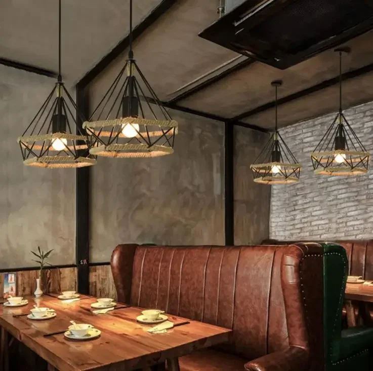 Nordic chandelier postmodern chandelier hemp rope diamond frame dining room hanging lamp creative retro home lighting