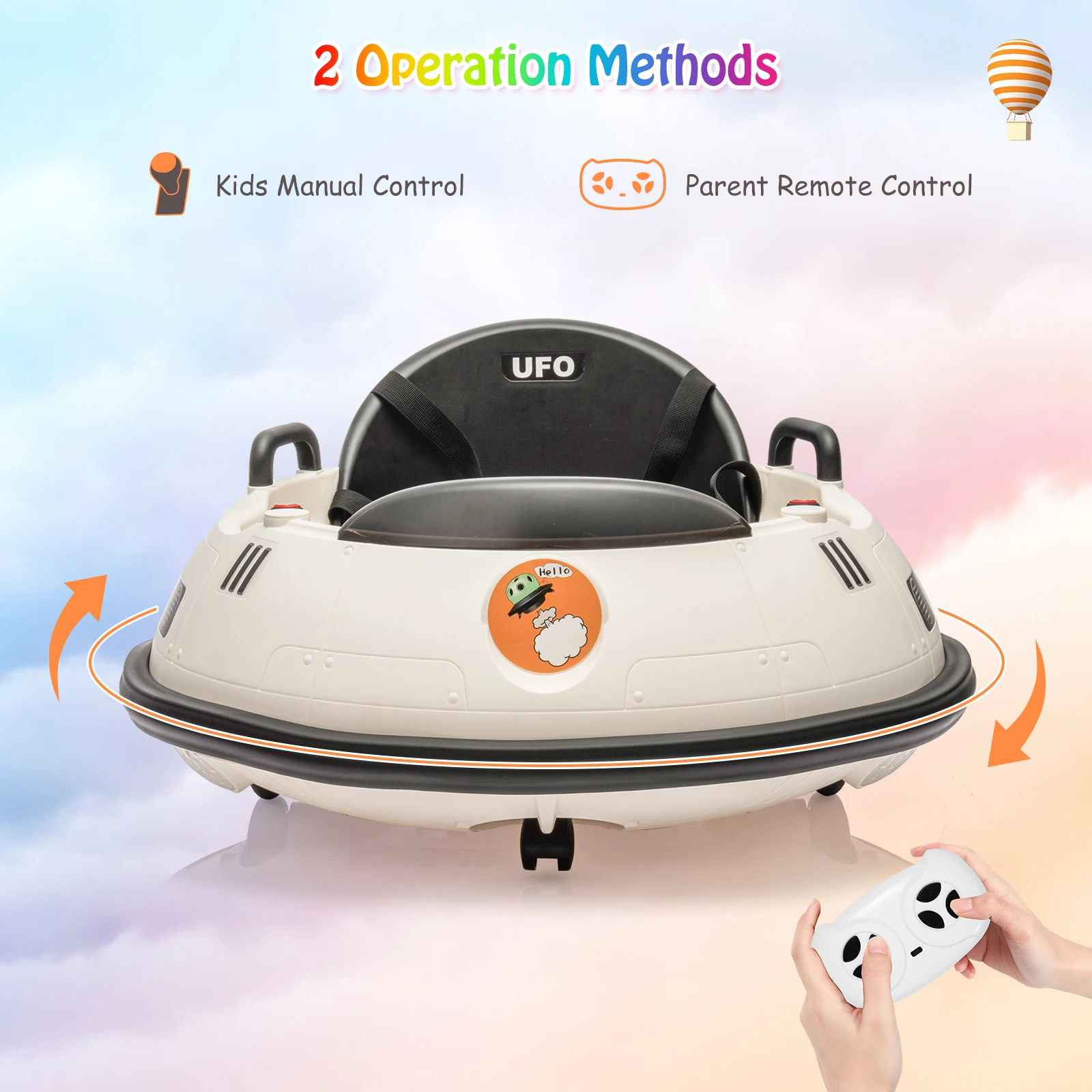 รถยนต์กันชนไฟฟ้าสำหรับเด็ก 12V พร้อมรีโมทคอนโทรล ของเล่นขี่สำหรับเด็กเล็ก หมุนได้ 360 องศา °   ล้อหมุน, ไฟ LED, เข็มขัดนิรภัย