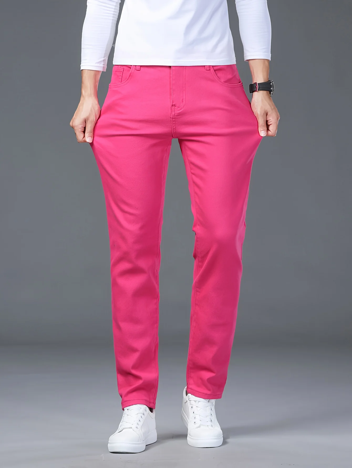 

Розово-красные модные джинсы, мужские эластичные высококачественные мужские универсальные трендовые брюки из стираного хлопка