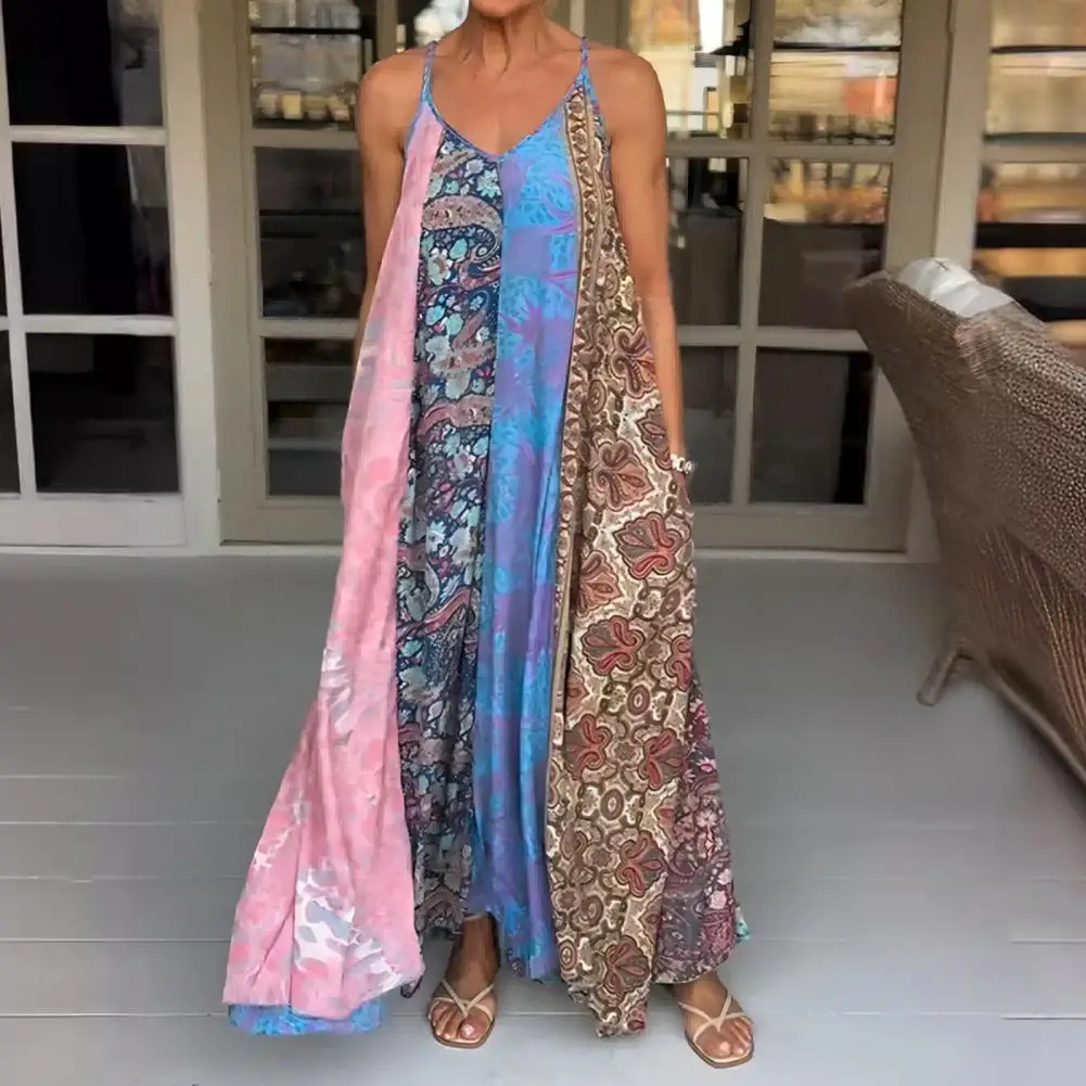 

Strappy Dress Boho Chic Ethnic Print Maxi Dress V-neck Backless A-line Colorful Swing Spaghetti Straps for Summer Vacation Beach