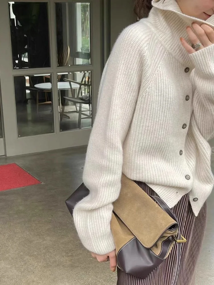 เสื้อคาร์ดิแกนคอสูงแบบเปิด รุ่น Pure Camere สำหรับผู้หญิง เสื้อสเวตเตอร์ชั้นใน เสื้อคลุมด้านนอก สำหรับฤดูใบไม้ร่วงและฤดูหนาว อุ่น นุ่มฟู แขนยาว