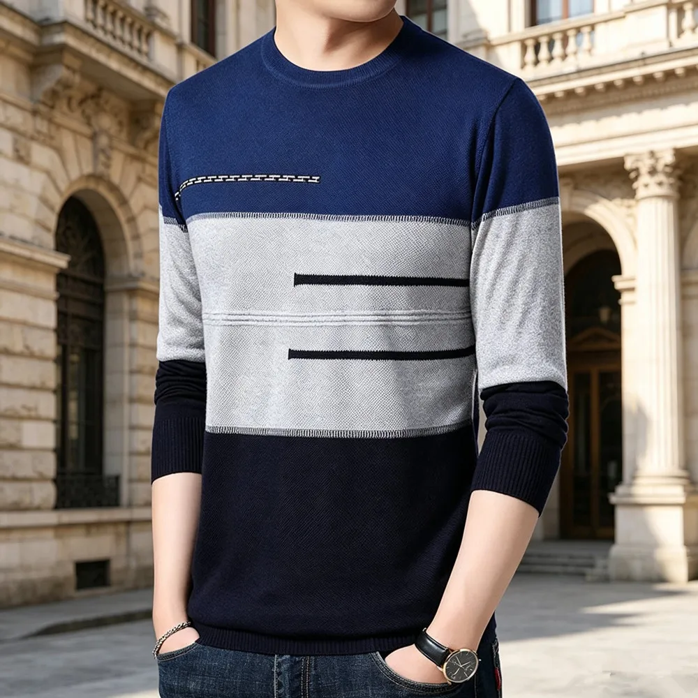 High Quality Tops Men Sweater Pullover Casual Round Collar Striped Knitted Sweaters Slim Fit Pullover Pull Homme Männer Pullover