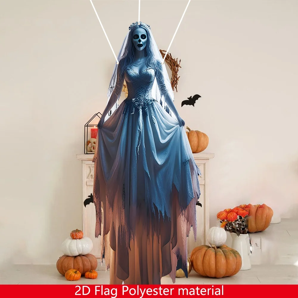 1 Stück Halloween-Skelett-Braut-Hängeflagge – Outdoor-/Indoor-Gothic-Dekoration, gruselige Braut mit Fledermäusen und Jack-O-Lanterns-Design – Detail 3
