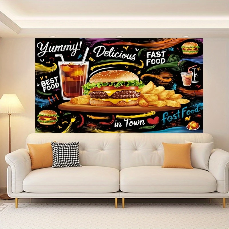 VIKAMA Hamburger Fries Themed Tapestry, Party Decoration Backdrop, Wall Hanging Decoration For Bedrooms And Living Rooms