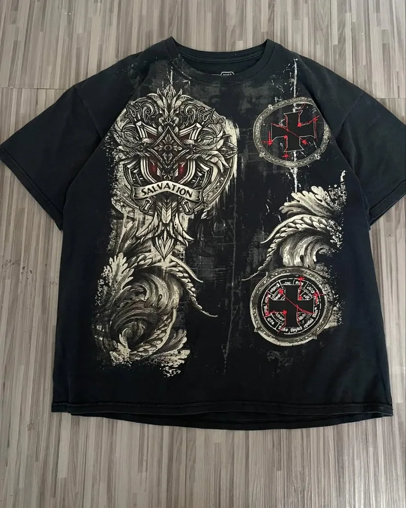 

new 2025New European and American short-sleeved retro personalized design hip-hop fashion all-match Y2Kcasual loose Harajuku T-s