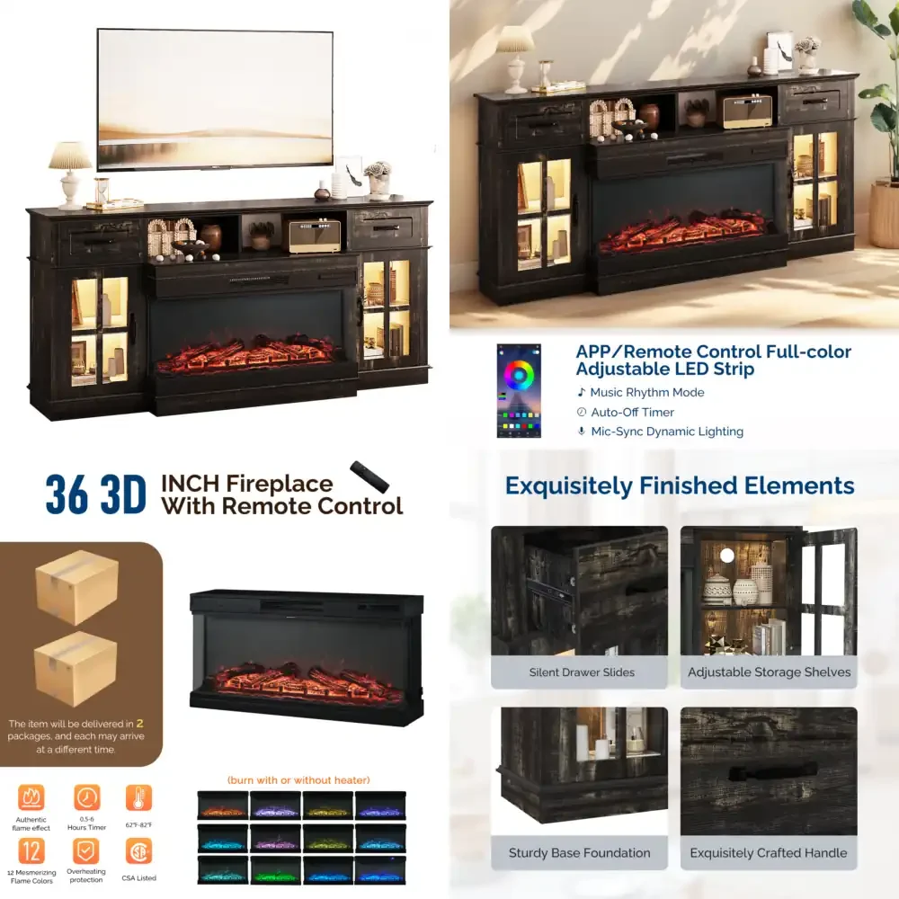 70 Inch Black Gold Oak Electric Fireplace TV Stand with 2 Lattice Glass Doors 2 Drawers and Shelf Compatible with 36 Inch 3