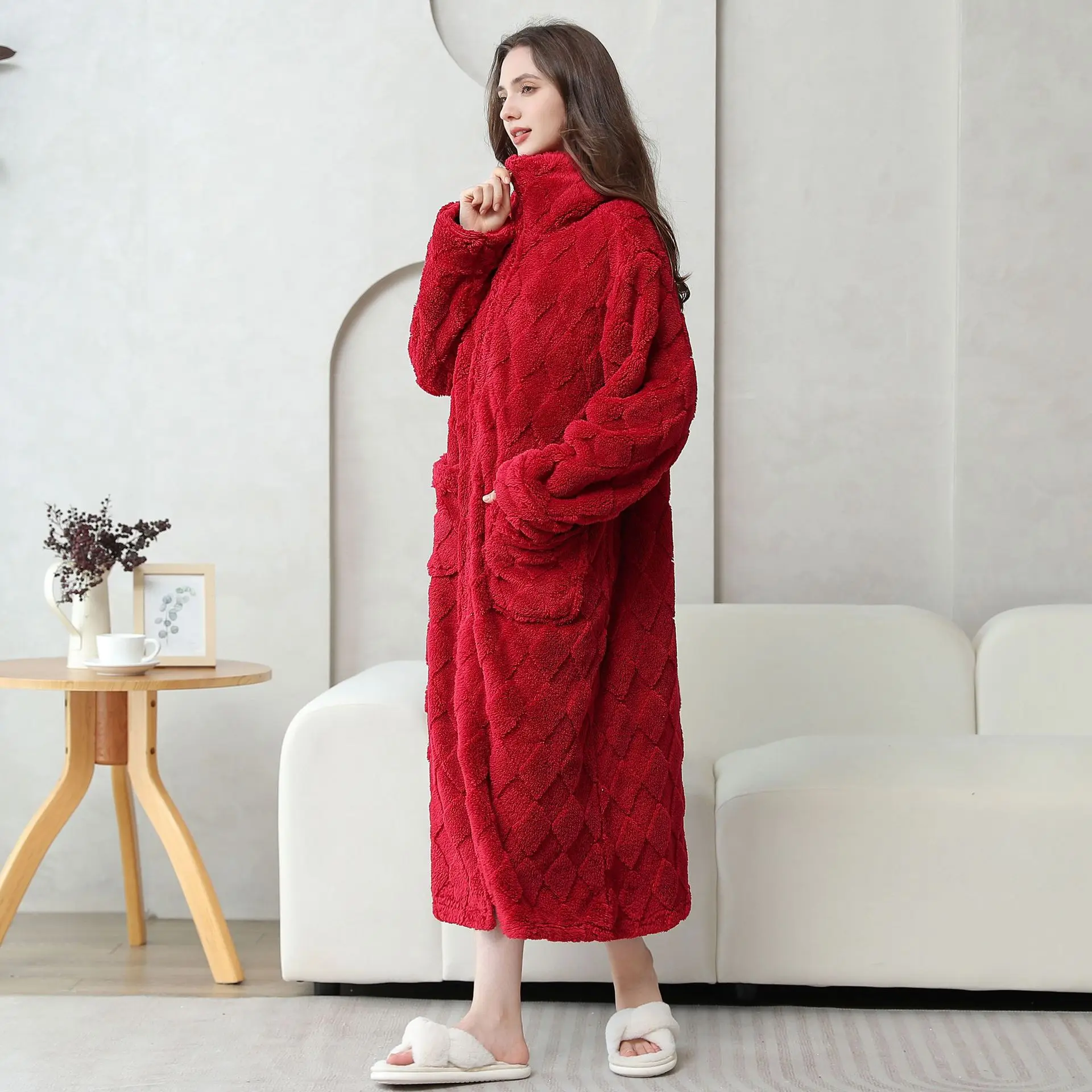 Zipper Coral Fleece Long Robe Kimono Winter Warm Flannel Bathrobe Casual Sleepwear Thicken Homewear