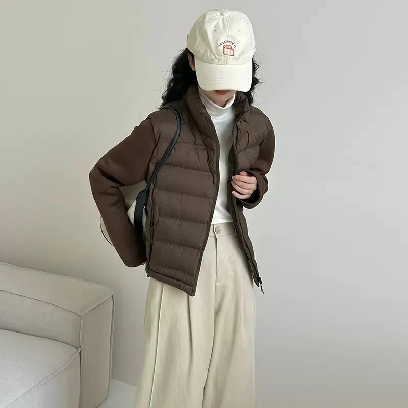 Schinteon donna piumino d'anatra bianco chiaro Patchwork autunno inverno corto capispalla colletto alla coreana cappotto Casual per studenti 2024 nuovo