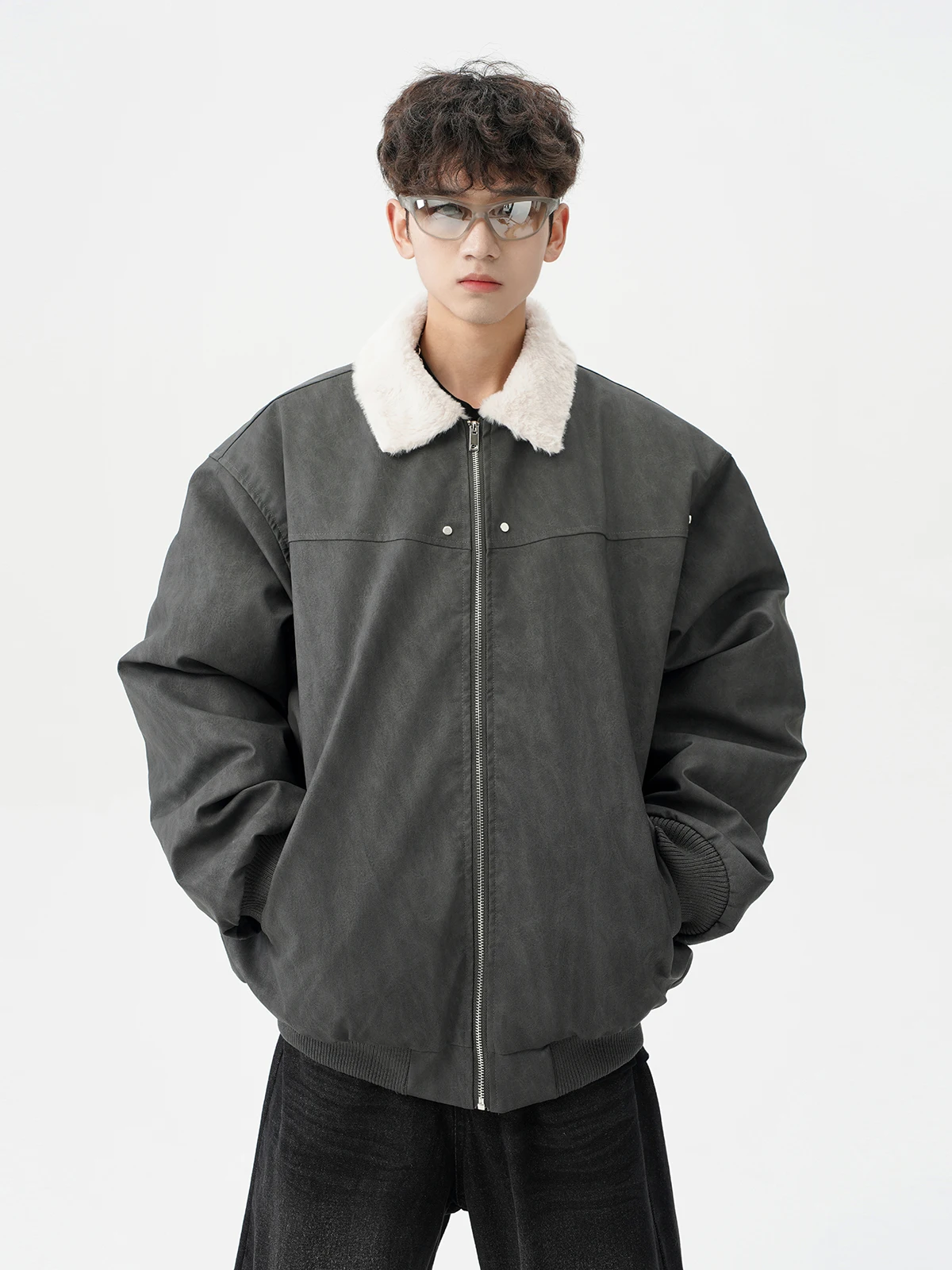 

American Sle Lamb Velvet Collar PU Leather Cotton Jaet Men's Trendy Brand Winter New Loose Retro Thiened Warm Cotton Coat