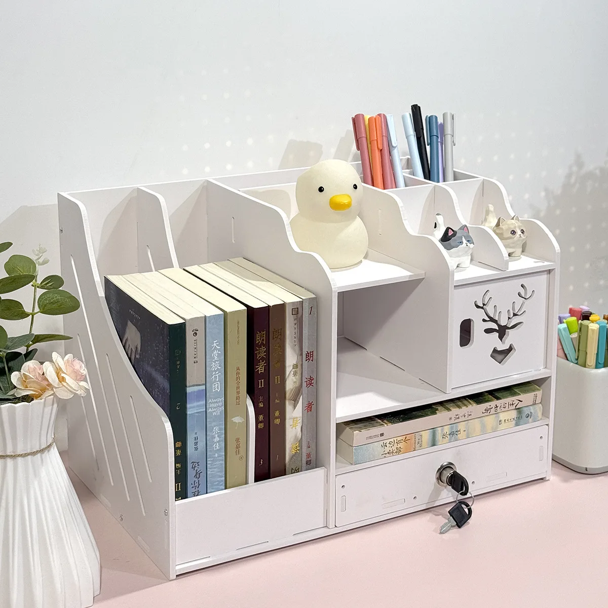 white-desk-organizer-with-lockable-drawer-deer-cutout-file-holder-for-office