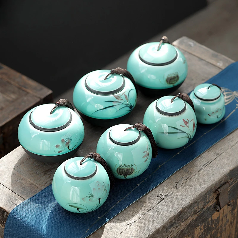 Modern Celadon Tea Box Ceramic Candy Jar Leaf Decoration Home with Lid Nut Coffee Bean Storage Bottle