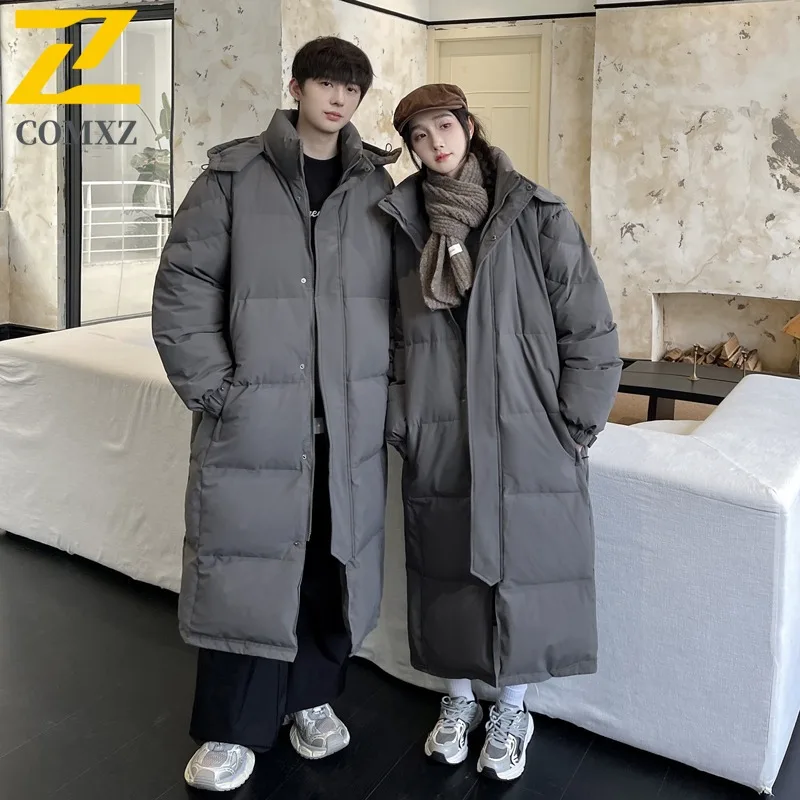 COMXZ Men's Winter Jacket New Hong Kong Trendy Brand Loose Long Thick Warm Skiing Puffer Jacket Snowy Cold-Resistant Down Jacket