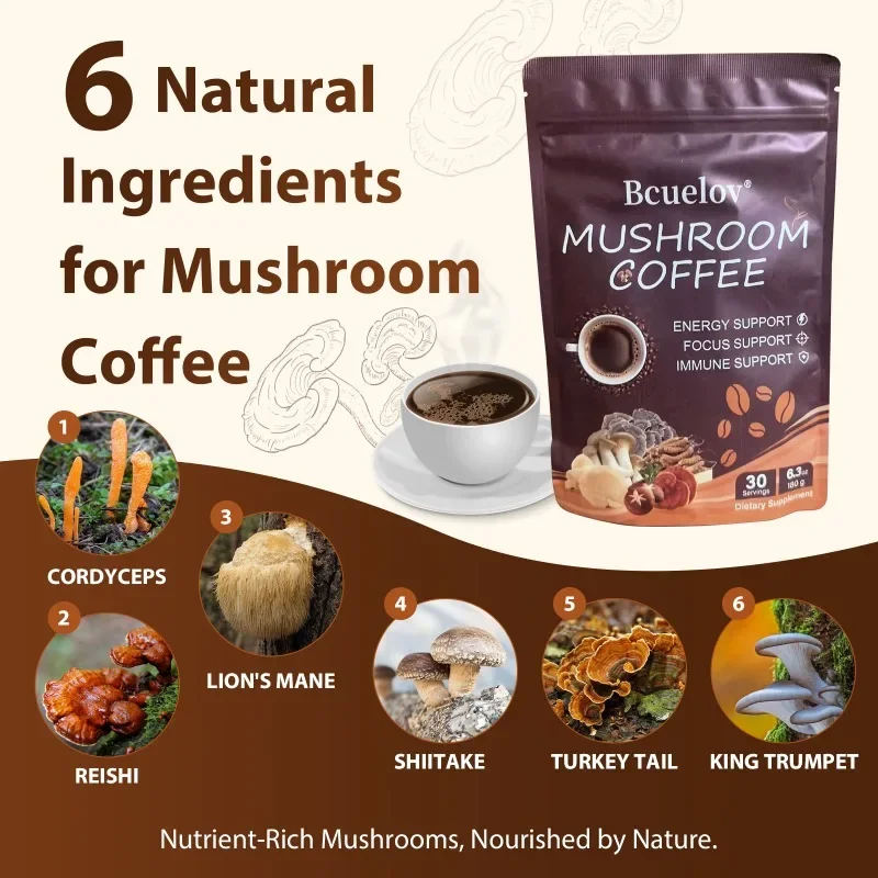 Organic Mushroom Coffee - 6 Types of Mushrooms (Hericium, Cordyceps, Reishi, Etc.) To Support Immunity, Focus & Energy Health