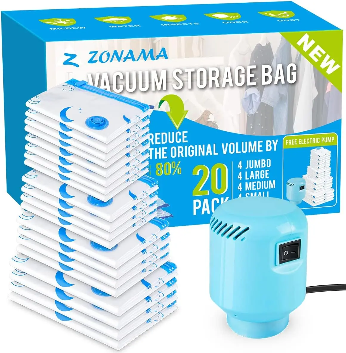 

Vacuum Storage Bags with Electric Pump, 20-Pack for Clothes, Mattress, Blankets, Travel – Space Saving
