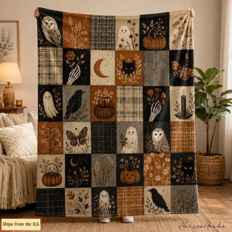 Vintage Halloween Blanket, Patchwork Ghost Owl Black Cat Throw, Pumpkin Crow Moth Fall Decor, Spooky Cottagecore Autumn Halloween Gift